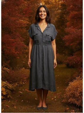 Sundance Slate Blue Lace Trim Gauze Midi Shirt Dress Boho Cottage Prairie